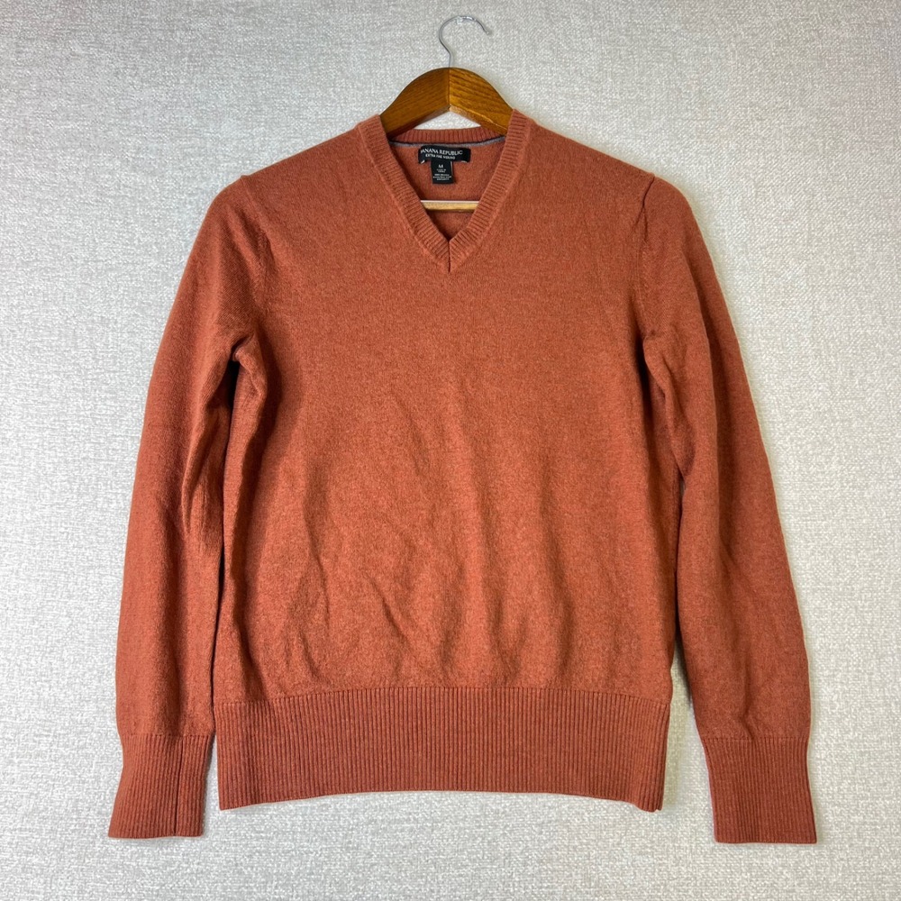 Banana Republic Extra Fine Merino Wool V-Neck Sweater Rust Orange Womens Medium
